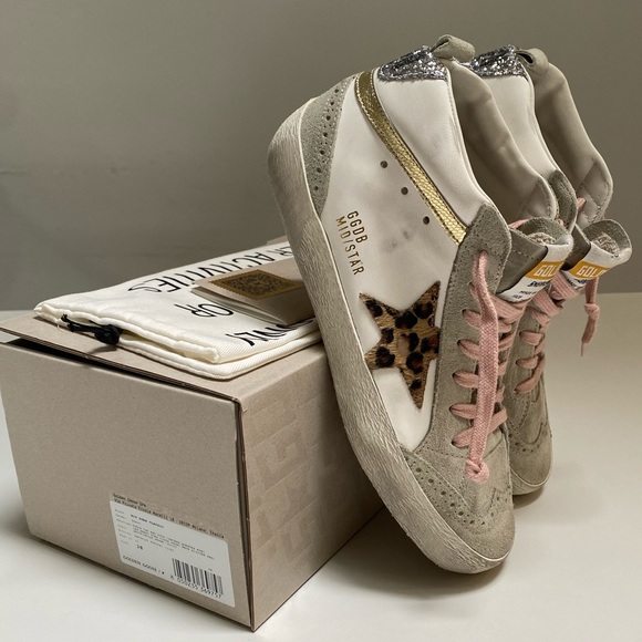 Golden Goose Mid Star Sneaker White Leather/Gold/Leopard Star sz 38 New in Box - Picture 4 of 14